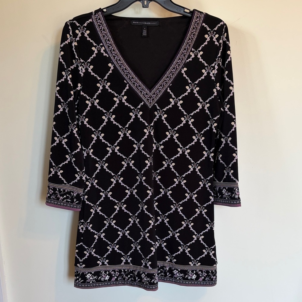White House Black Market Tunic Top Mini Dress Black Geometric Print Small